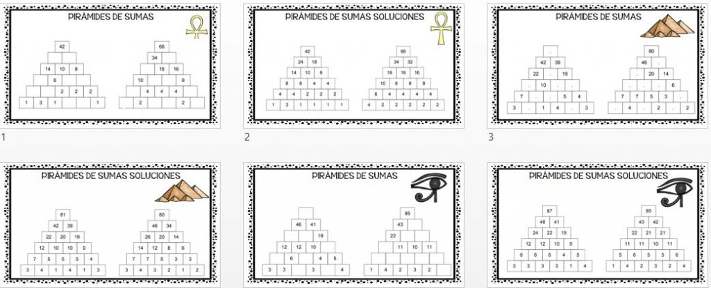 Sencillas fichas para trabajar las sumas en la que nuestros alumnos/as deben de ir subiendo en la pirámide completando los números que faltan.