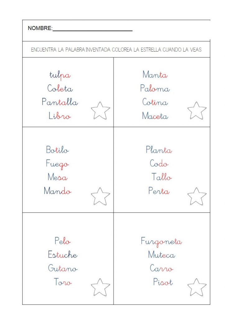 Encuentra la palabra inventada o pseudopalabra Os dejamos esta actividad en la que nuestros alumnos deben de averiguar de cuatro palabras que les presentamos cual de ellas no existe, es decir, es una pseudopalabra.