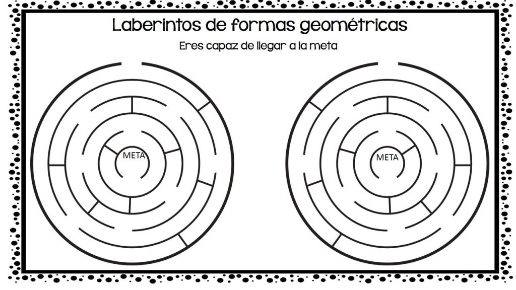 Laberintos de formas geométricas Eres capaz de llegar a la meta Os dejamos estas súper actividades para trabajar la atención y la motricidad, se trata de laberintos con direccionabilidad central, realizados con formas geométricas. Espero que os gusten