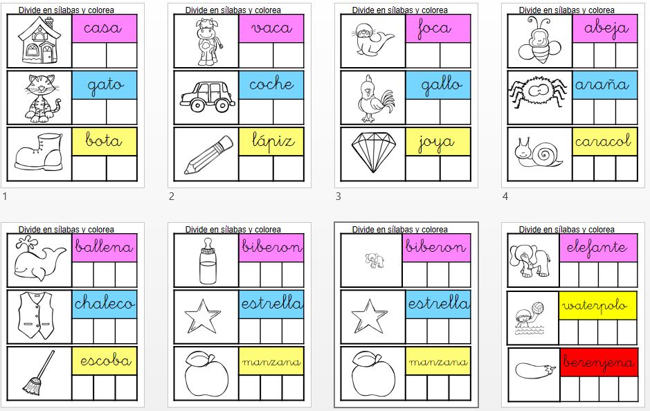 Segmentación silábica Divide en sílabas y colorea Os dejamos estas colección de actividades de segmentación silábica de palabra de 2-3-4 sílabas.