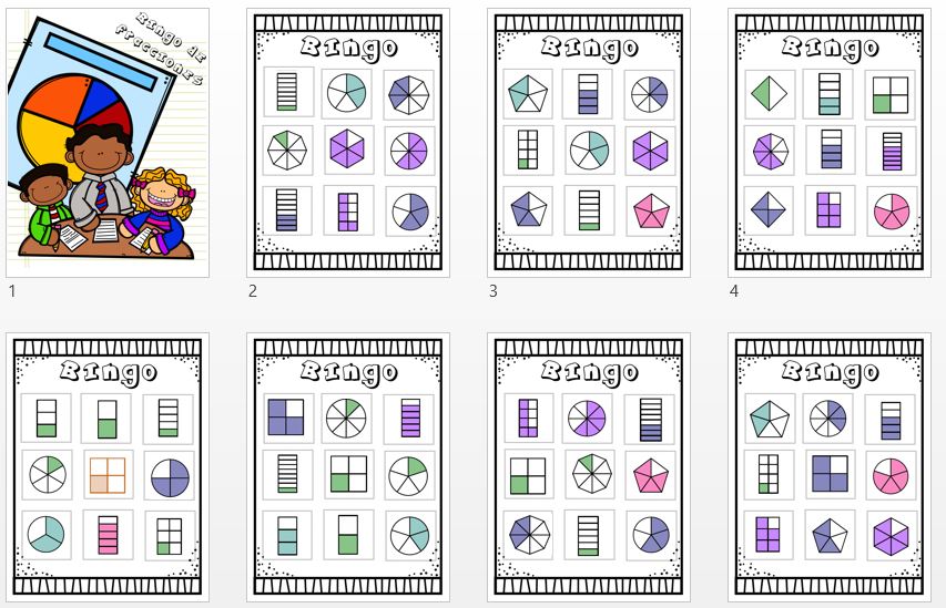 Bingo para trabajar y aprender las fracciones Os dejamos este sencillo bingo con el que poder trabajar las fracciones ideal para tercer ciclo de primaria.