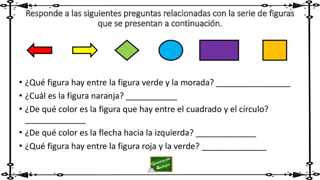Atención y Comprensión Lectora: Responde a las preguntas en función de la serie de figuras geométricas que se presenta. Completa actividad para trabajar la atención y la comprensión lectora a través de figura geométricas y colores.  DESCARGAR ARCHIVO PDF