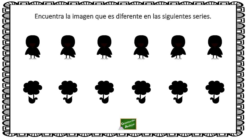 Ejercicio de #atención: Distingue la silueta que es diferente al resto. A continuación os traemos un ejercicio para trabajar la atención y la discriminación visual a través de siluetas. Esta actividad puede resultar especialmente útil para alumnos con déficit de atención TDAH.