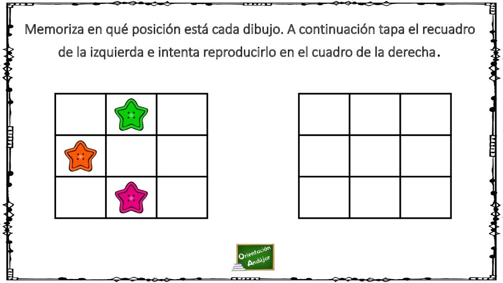 El siguiente ejercicio de memoria visual y secuencial consiste en recordar unos dibujos y la posición en la que se encuentran en una tabla para a continuación reproducirla en otra […]