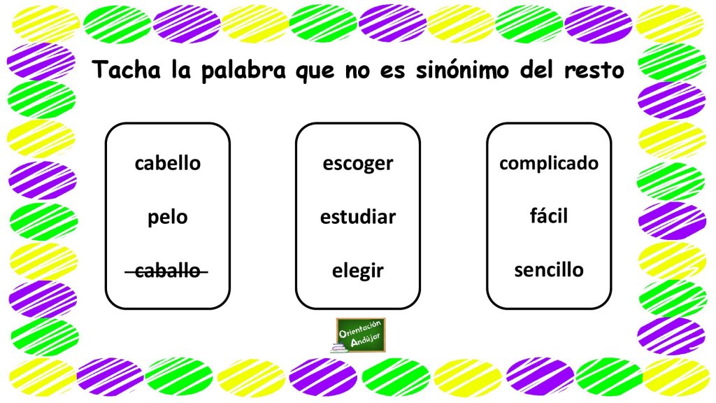 En los siguientes recuadros hay dos palabras sinónimas y otra que no lo es, identifícala y señala cual es. Hay que recordar que los sinónimos, para ser considerados como tales, deben ser palabras […]