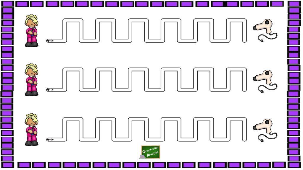 Grafomotricidad trazos rectos: Ayuda a estos personajes a encontrar sus herramientas de trabajo. Los siguientes personajes han perdido sus herramientas de trabajo, sigue los trazos rectos para llegar a ellas.