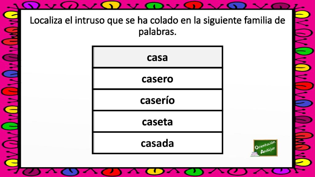 Para trabajar la conciencia semántica, un buen recurso es a través de la familia léxica; en este ejercicio hay que identificar la palabra intrusa que se ha colado en cada […]