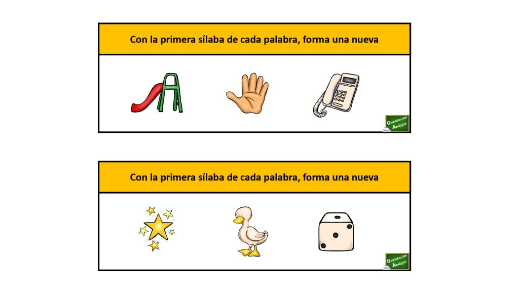 Conciencia Fonológica: Tarjetas para formar palabras trisílabas. Os hemos preparado este ejercicio para trabajar la conciencia fonológica a través de tarjetas; hay que formar palabras trisílabas con la primera sílaba de cada dibujo.