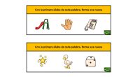 Os hemos preparado este ejercicio para trabajar la conciencia fonológica a través de tarjetas; hay que formar palabras trisílabas con la primera sílaba de cada dibujo. 