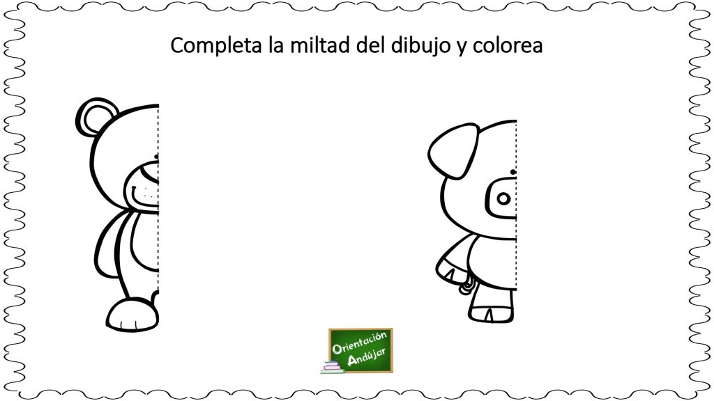 Trabajamos la lateralidad a través de la simetría:  Completa el dibujo y colorea. A continuación os traemos una serie de fichas para trabajar la lateralidad a través de dibujos simétricos que hay que completar y posteriormente colorear.