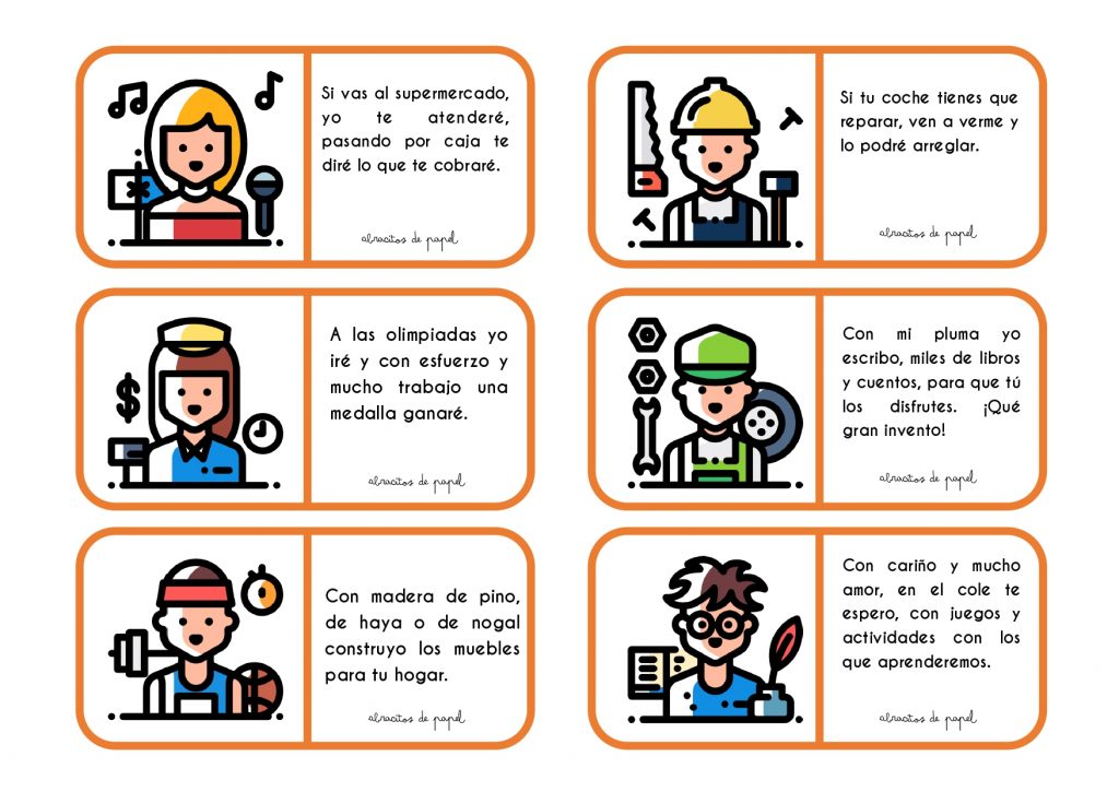 Se trata del dominó para encadenar profesiones. Lo creamos para trabajar la comprensión lectora, adquisición de vocabulario y favorecer la imaginación.