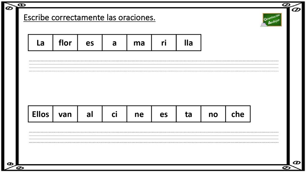 En la siguiente actividad de lengua las oraciones aparecen fragmentadas por sílabas; el objetivo es escribir en la cuadrícula de abajo correctamente la frase sin olvidar el punto y fina.