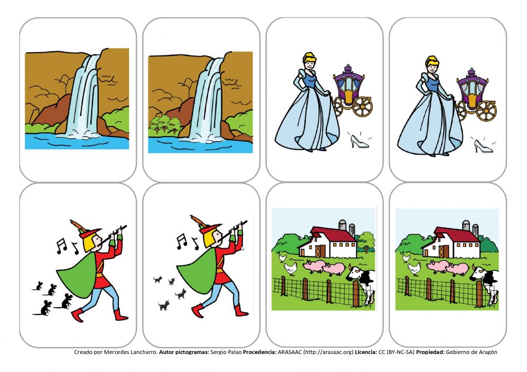 Descripcion: Material para trabajar la atención y la discriminación visual mediante pares de tarjetas aparentemente iguales, pero que difieren en un elemento que debemos adivinar.