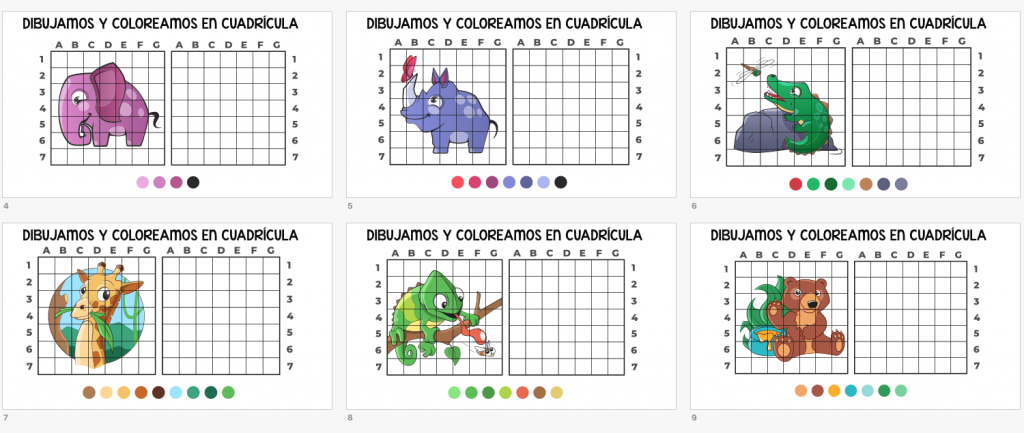Os dejamos estas bonitas actividades  en las cuales nuestros alumnos van a aprender a dibujar y colorear divertidos animales en cuadrícula.