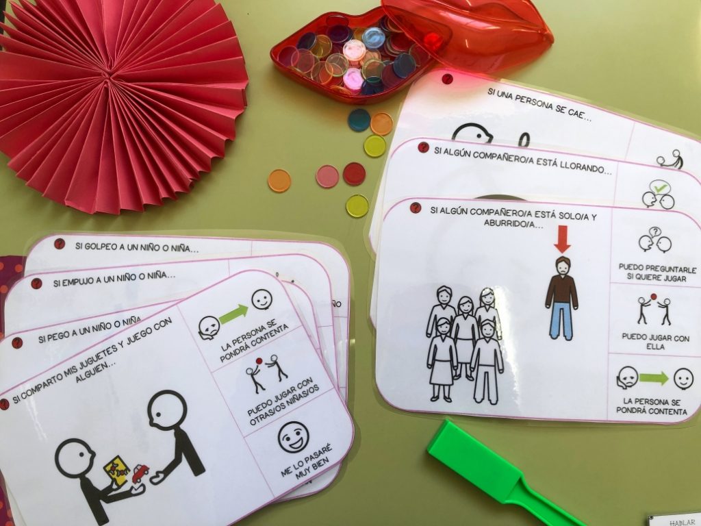 Función pragmática ¿Qué puedo hacer si …? Material manipulativo para trabajar la función pragmática del lenguaje mediante la afirmación de la propia presencia, eligiendo la respuesta correcta ante situaciones de la vida cotidiana.
