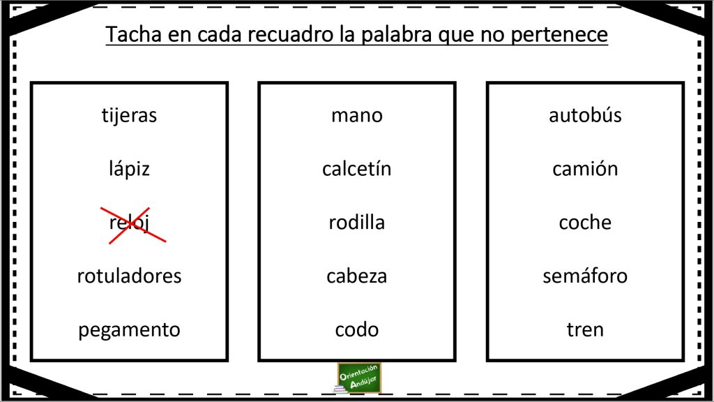 La siguiente actividad está destinada a trabajar la conciencia semántica, este ejercicio puede resultar útil tanto para trabajar en el aula como en con personas mayores que presenten dificultades cognitivas.