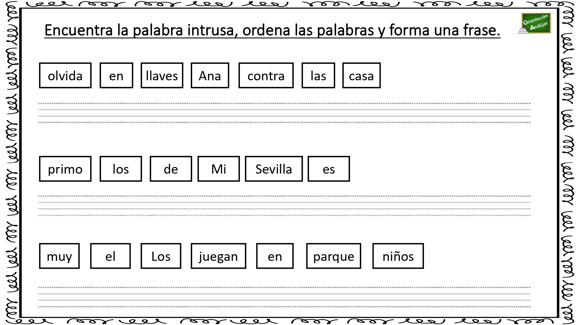 Encuentre la palabra intrusa, ordena el resto de palabras y forma una oración con sentido. -Orientacion Andujar Encuentre la palabra intrusa, ordena el resto de palabras y forma una oración con sentido. -Orientacion Andujar