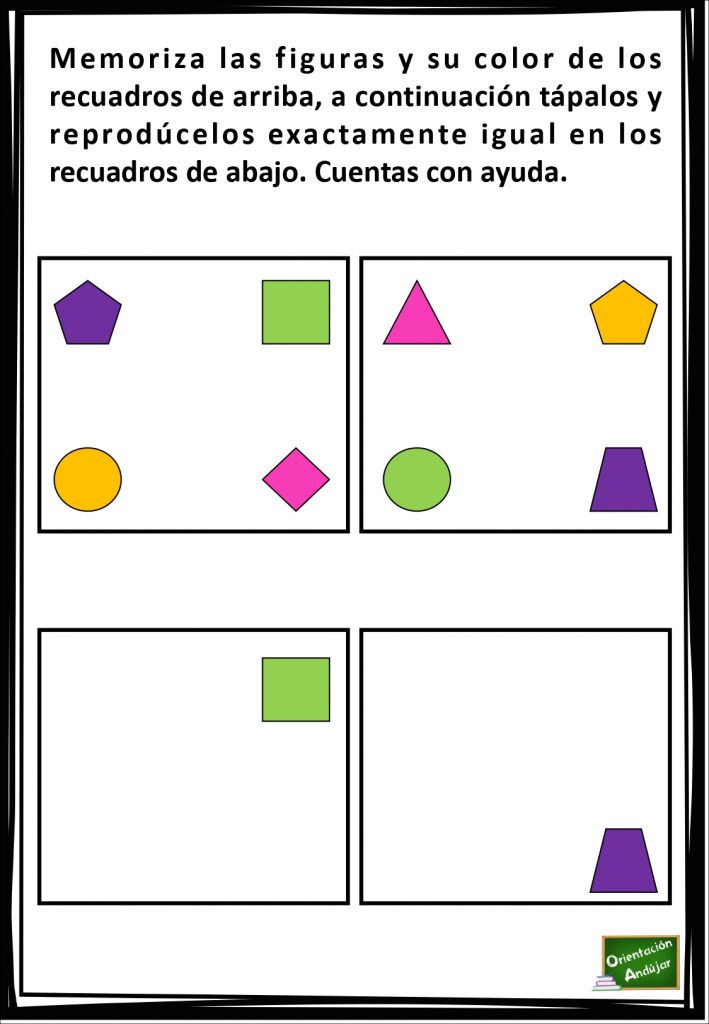 El objetivo del siguiente ejercicio es memorizar la posición de cada una de las figuras geométricas que aparecen en los recuadros de arriba con su respectivo color para posteriormente reproducirlo […]