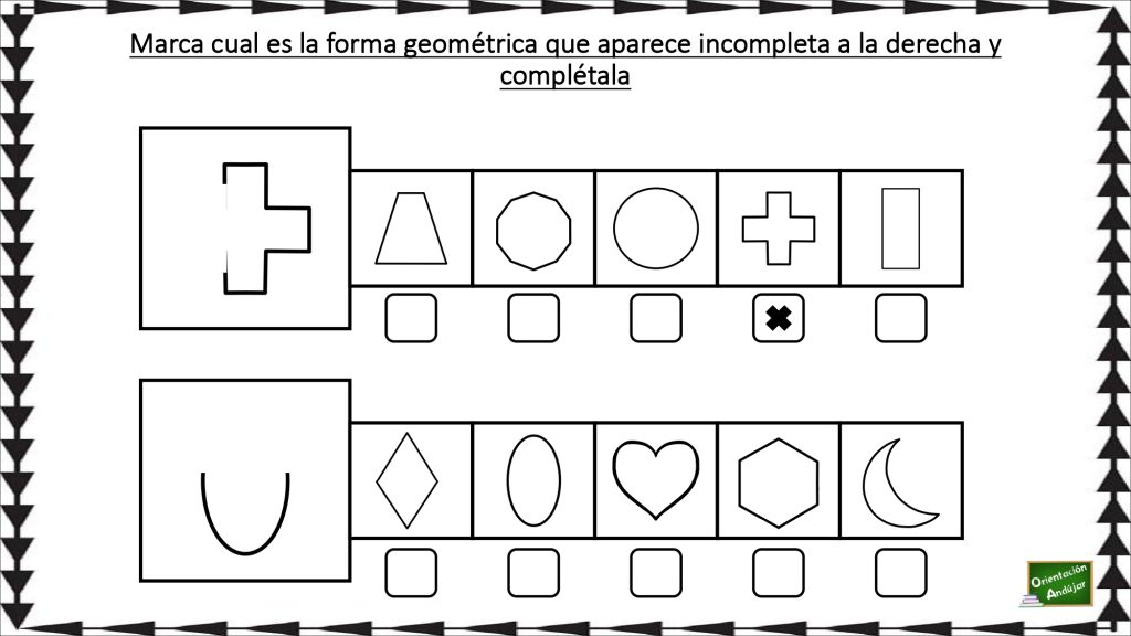 Divertida actividad para repasar las figuras geométricas, que consiste en reconocer las formas incompletas y posteriormente dibujar los trazos para terminarla.