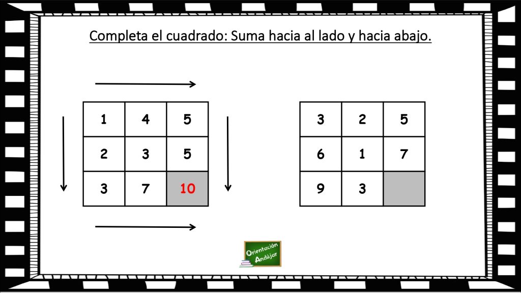 Cálculo mental: Cuadrado de sumas. Sencilla actividad matemática para practicar el cálculo mental a través de sumas.