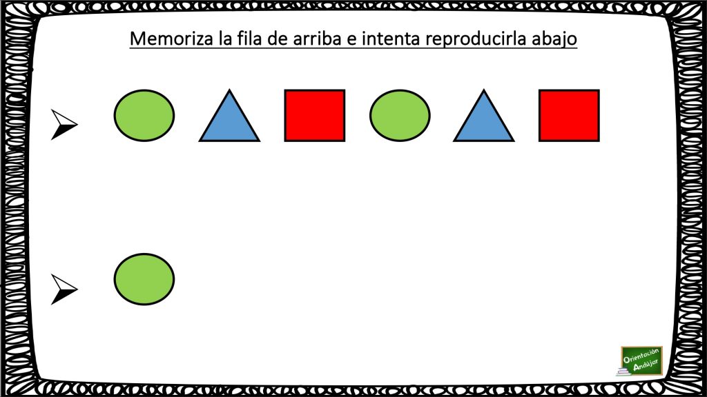 Atención y memoria: Serie de figuras geométricas. Completa actividad para trabajar atención y memoria que consiste en memorizar una serie de figuras geométricas con sus colores e intentar reproducirla.