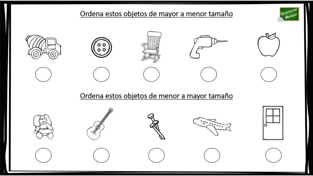 Ejercicio matemáticas primaria: Ordena los siguientes objetos según su tamaño. A continuación, os presentamos un sencillo ejercicio matemático para trabajar las magnitudes, en concreto, el tamaño de objetos; ordenando éstos de mayor a menor y viceversa.