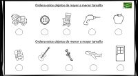 A continuación, os presentamos un sencillo ejercicio matemático para trabajar las magnitudes, en concreto, el tamaño de objetos; ordenando éstos de mayor a menor y viceversa.