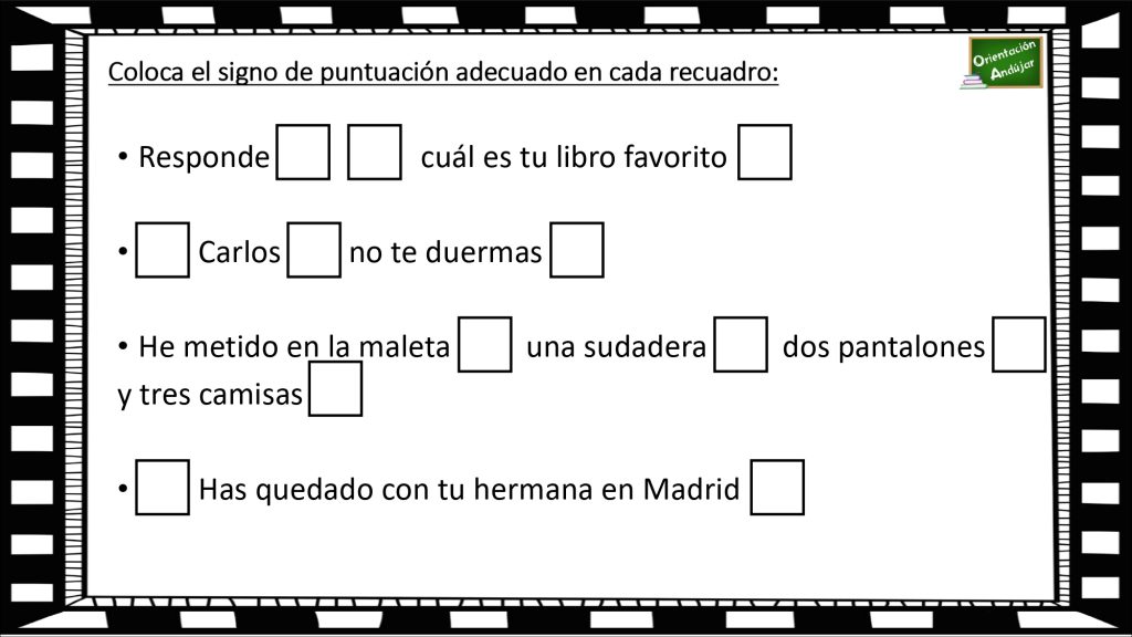Aprendemos a usar los signos de puntuación Completa cada recuadro con el signo adecuado. Aprendemos a usar los signos de puntuación Completa cada recuadro con el signo adecuado.