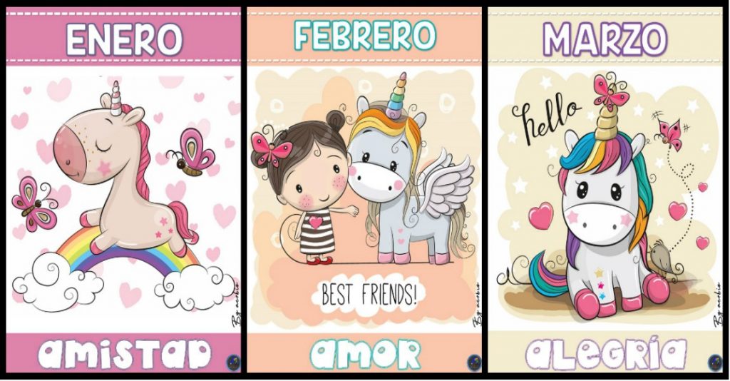 Portadas meses y valores motivo Unicornios bonitos