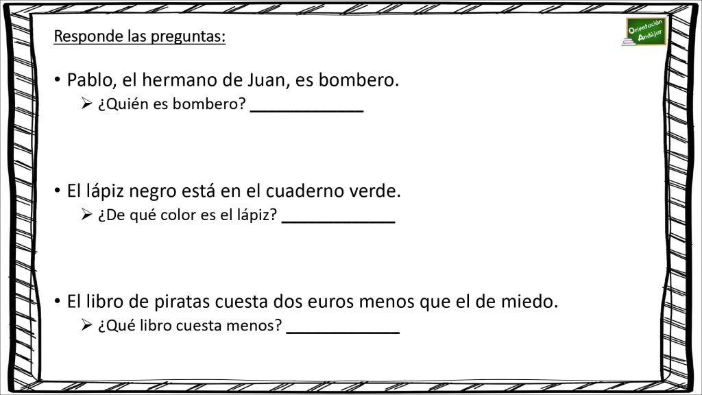 A continuación os traemos un ejercicio para trabajar la comprensión lectora de frases cortas, en ellas nuestros alumnos/as deben de contestar a una pregunta, a partir de una frase corta […]