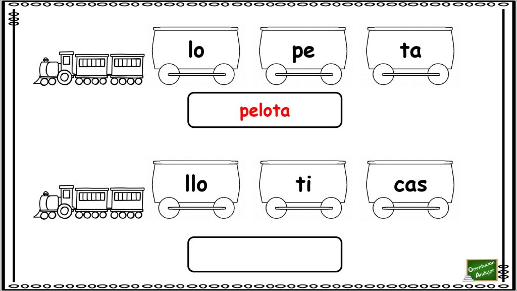 Los vagones locos: Ordena los vagones para formar palabras trisílabas. Los siguientes trenes han descarrilado y sus vagones se han desordenado, ¿eres capaz de ordenar los vagones correctamente para formar palabras trisílabas?