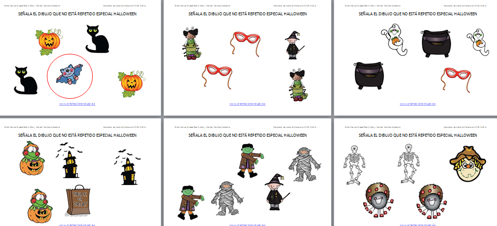 Actividad de nivel inicial para trabajar la atención en la que nuestros estudiantes deben de señalar el dibujo que no esta repetido, incluimos diferentes láminas con dibujos super terroríficos.