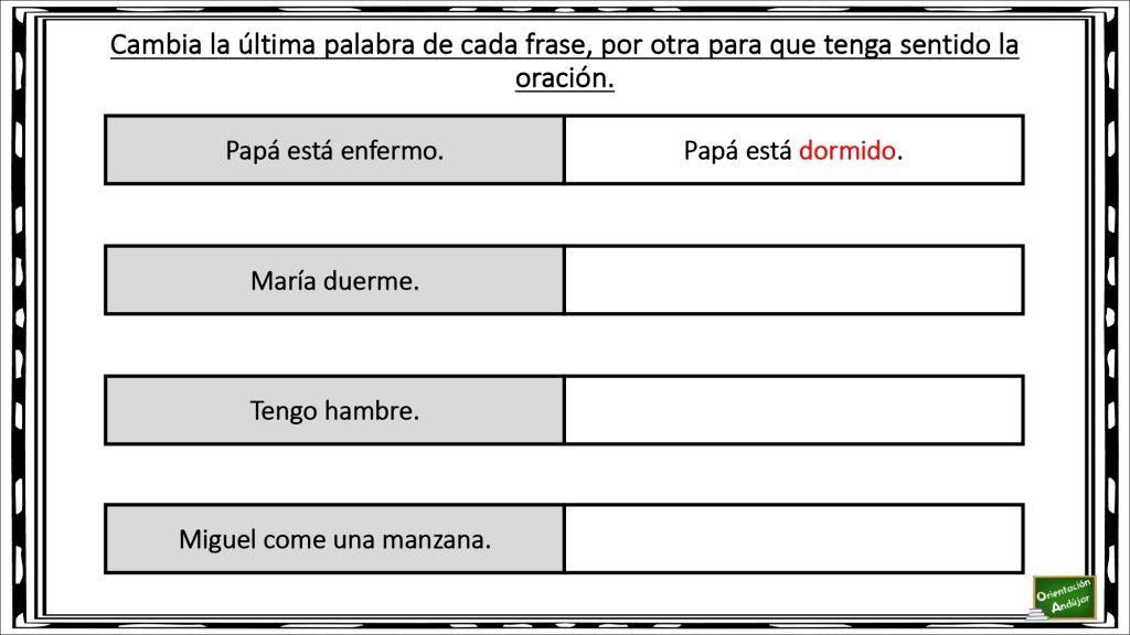 Nueva actividad para repasar en el aula la conciencia léxica. Es importante que los niños comprendan la función que desempeñan las palabras dentro de una oración.
