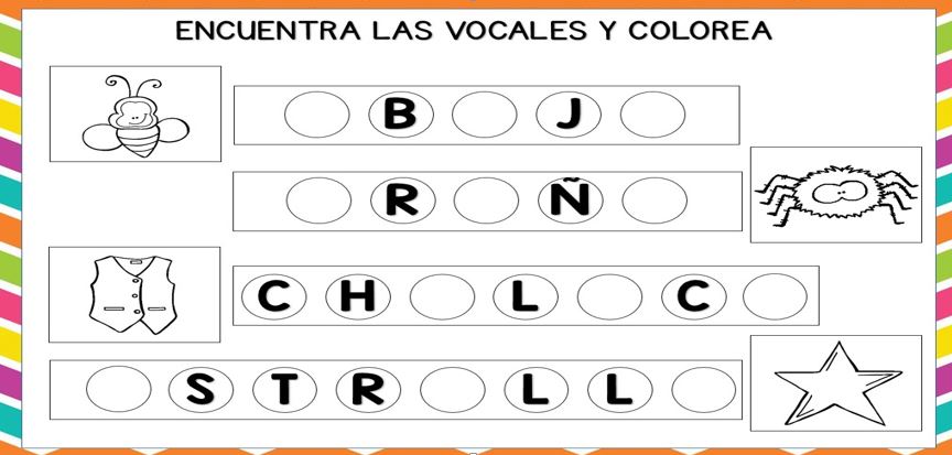 ENCUENTRA LAS VOCALES Y COLOREA LOS DIBUJOS En nuestras fichas han desaparecido las vocales eres capaz de encontrarlas y colorear el dibujo. DESCARGA LAS FICHAS EN PDF ENCUENTRA LAS VOCALES Y COLOREA LOS DIBUJOS