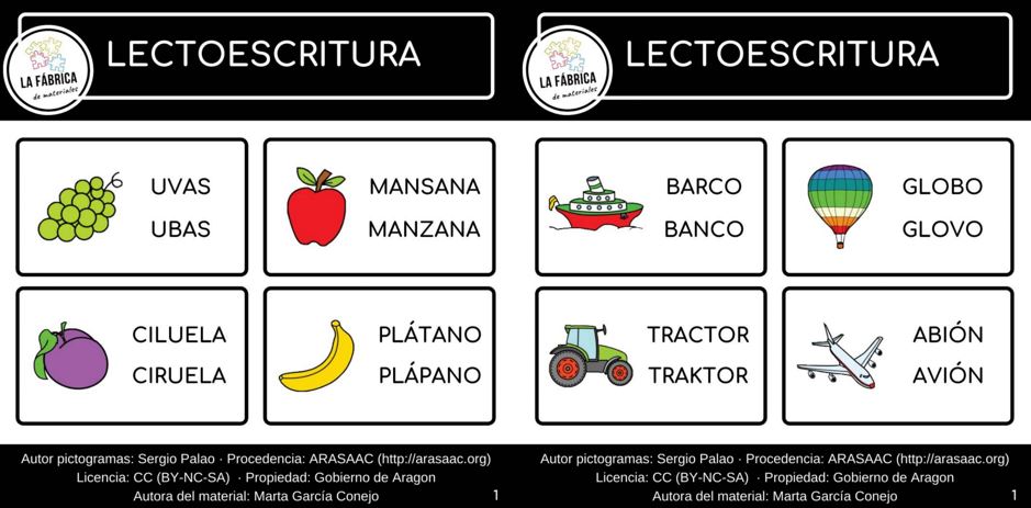 Tarjetas de lectoescritura  campos semánticos animales-frutas-medios de transporte Material para trabajar la lectoescritura Actividad:– Rodear la palabra que está bien escrita– Corregir el fallo de la palabra mal escrita