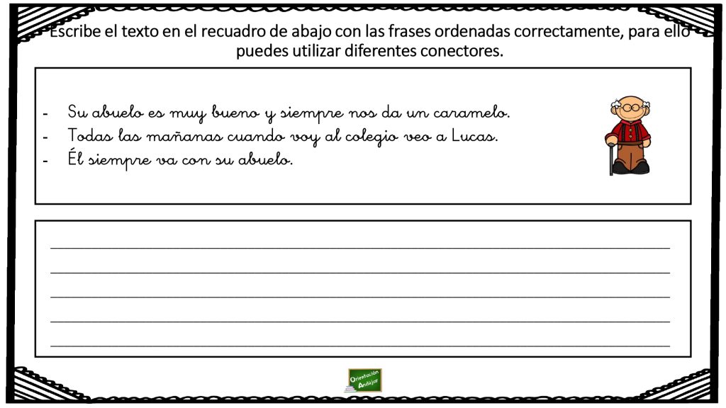 Nueva actividad para trabajar la comprensión lectora. El ejercicio consiste en escribir un texto, ordenando las frases ya dadas, si es necesario se puede utilizar diferentes conectores.