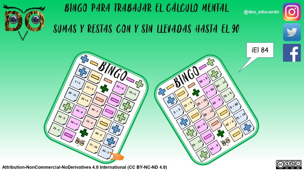     DESCARGA EL BINGO EN PDF Bingo cálculo mental SUMAS Y RESTAS con y sin llevadas AUTORÍA @DES_EDUCANDO https://www.instagram.com/des_educando/