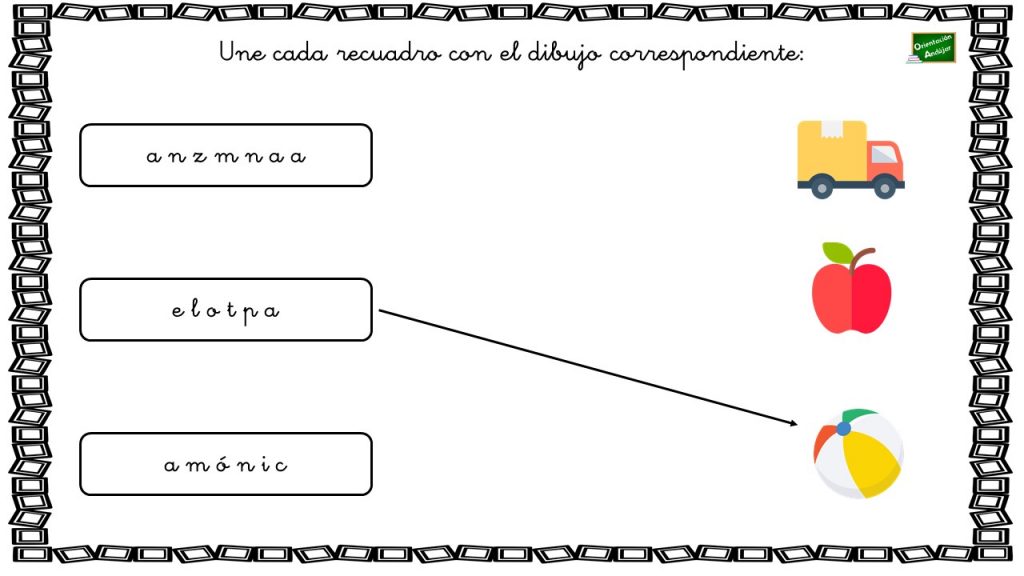 ¿Eres capaz de averiguar qué palabras se esconden tras el conjunto de letras desordenadas? Una vez descifres la palabra oculta, hay que unirla a su dibujo.