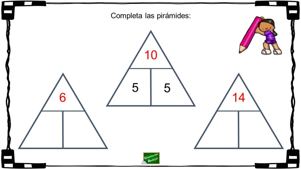 Pirámides para trabajar el doble y la mitad de un número. Sencilla actividad para trabajar el doble y mitad de un número, para ello hay que completar las pirámides con los números correctos. Fíjate en el ejemplo.