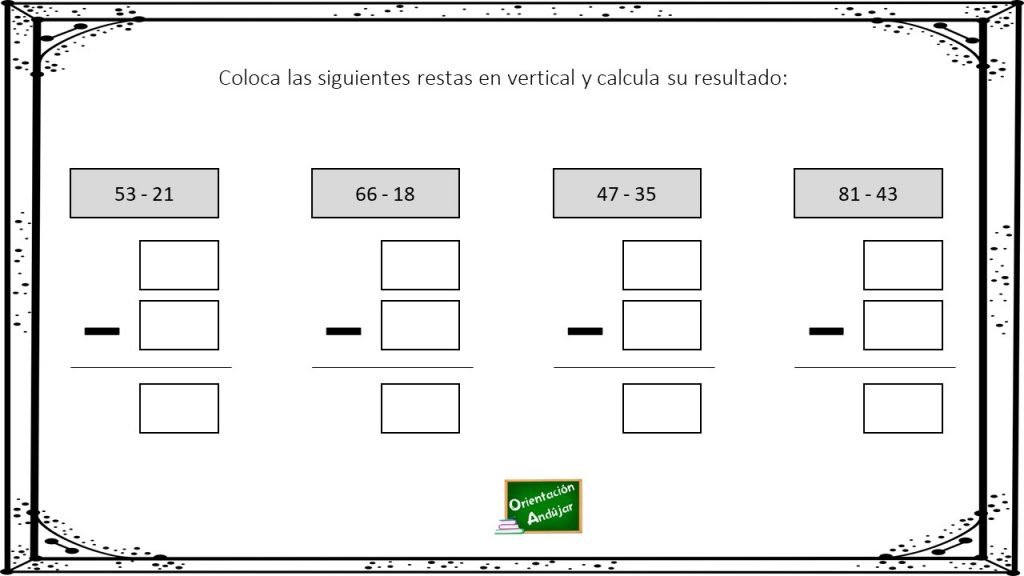 Colección de restas de dos cifras. Colección de restas de dos cifras, antes de resolverlas es necesario colocarlas verticalmente.