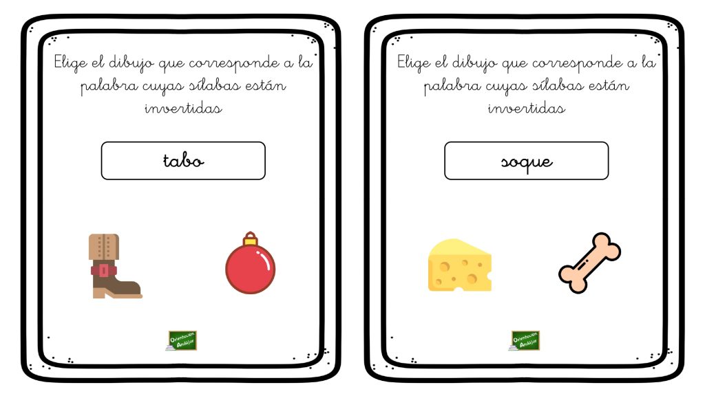 Actividad para trabajar la conciencia silábica, jugando a darle la vuelta a las sílabas que forman las palabras en nuestra cabeza para formar una palabra nueva.