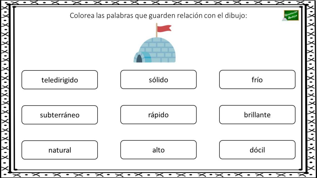 En la siguiente actividad os presentamos un dibujo junto a una colección de palabras, el objetivo del ejercicio es colorear aquellas palabras que guarden relación o puedan describir a la […]
