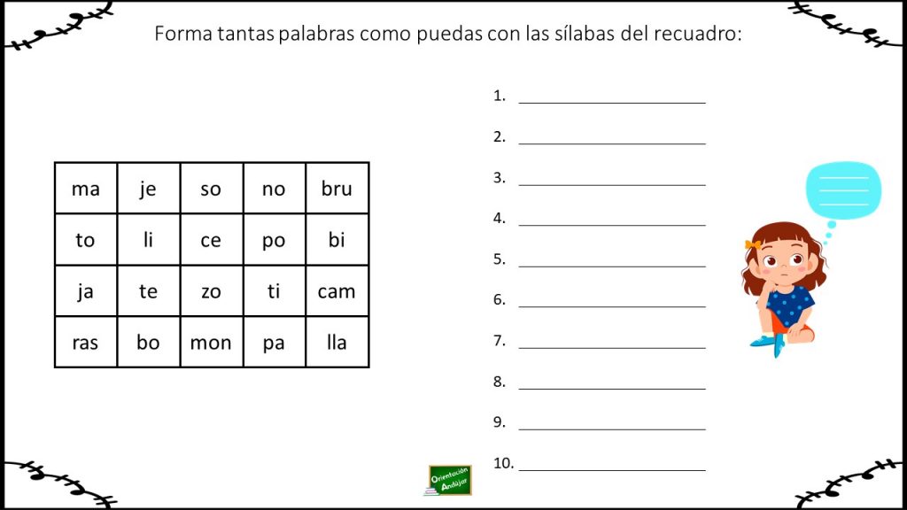 En el siguiente ejercicio no sólo entra en juego la conciencia silábica y la lectoescritura, además se potenciará la escritura creativa, ya que nuestros alumnos deberán escribir tantas palabras como […]