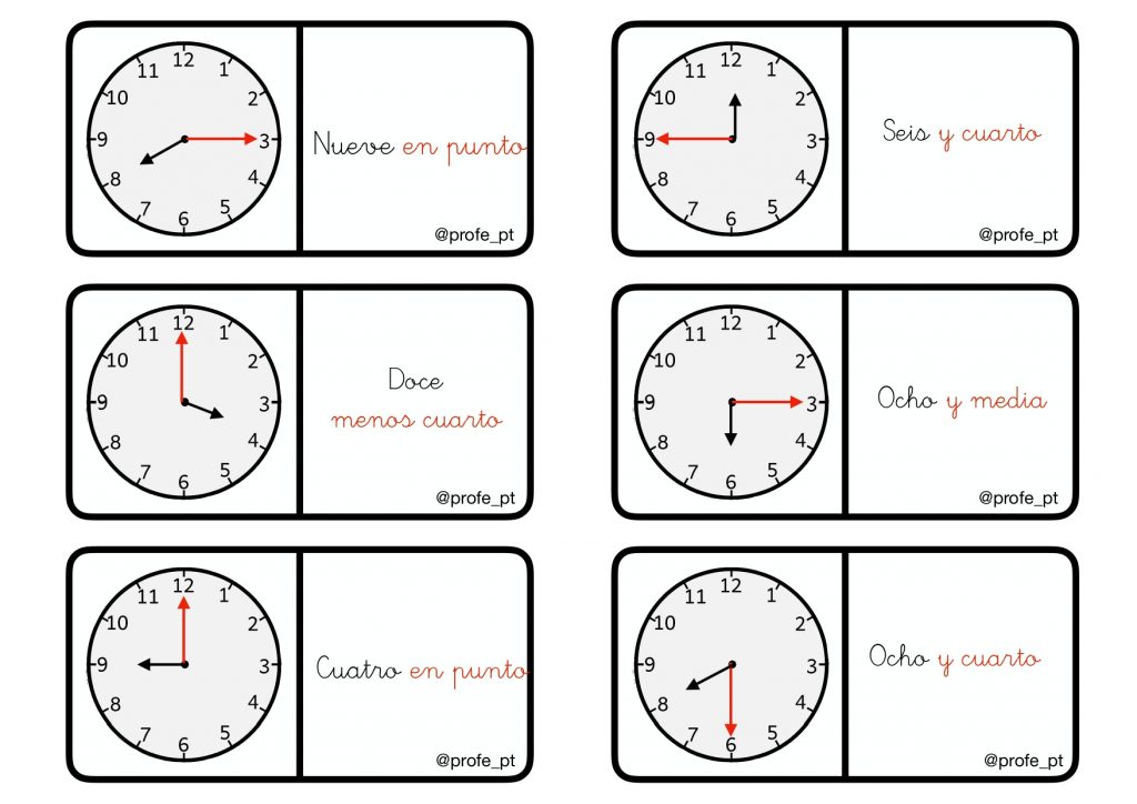DESCARGA EL MATERIAL EN PDF Dominó horas reloj castellano Dominó horas reloj inglés AUTORÍA: Autor/es: Sandra López Torre https://www.instagram.com/PROFE_PT/
