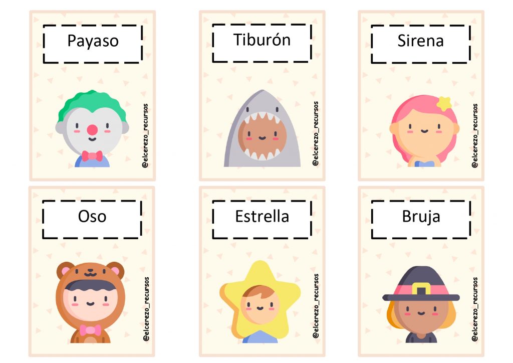 El PDF contiene:– 40 tarjetas con personajes disfrazados y palabras. – 4 tarjetas con agudas, llanas y esdrújulas.