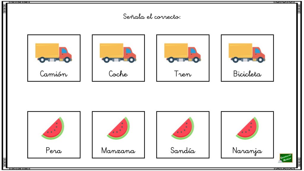 Hoy os compartimos una actividad para trabajar la asociación imagen – palabra. En ella, hay que señalar cuál de las cuatros opciones que presentamos es la correcta, es decir, aquella […]