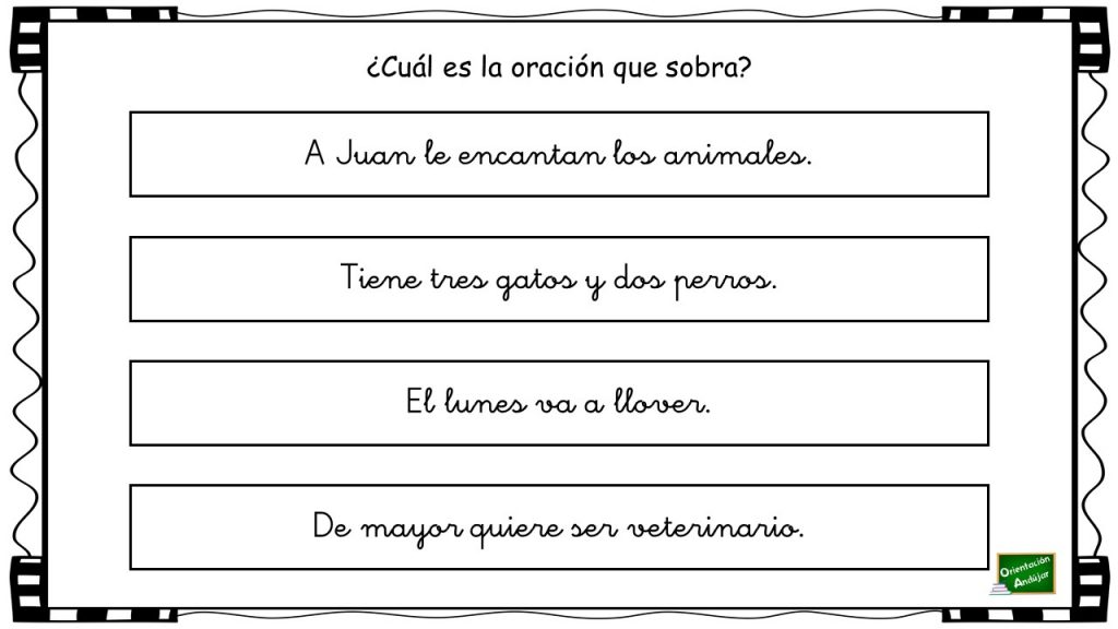 Hoy vamos a trabajar la comprensión lectora en la siguiente actividad en la que hay que identificar cuál de las cuatros frases que aparecen es la que sobra; las otras […]