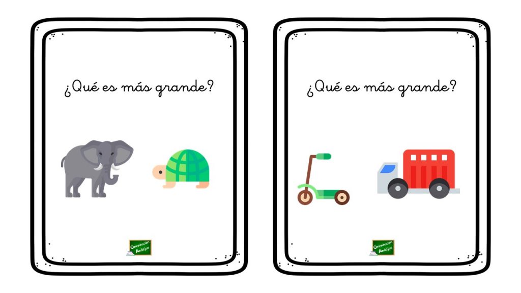 Colección de tarjetas: Comparamos magnitudes Sencillas tarjetas para trabajar las magnitudes y comparar el tamaño de objetos y animales.