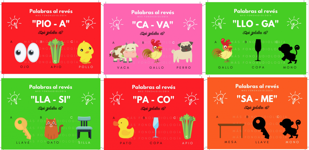 CONCIENCIA FONOLÓGICA Palabras al revés DESCARGA LOS MATERIALES EN PDF autoría: Autor: Flgo. Javier Riquelme González               web: https://www.masfonoaudiologia.com/