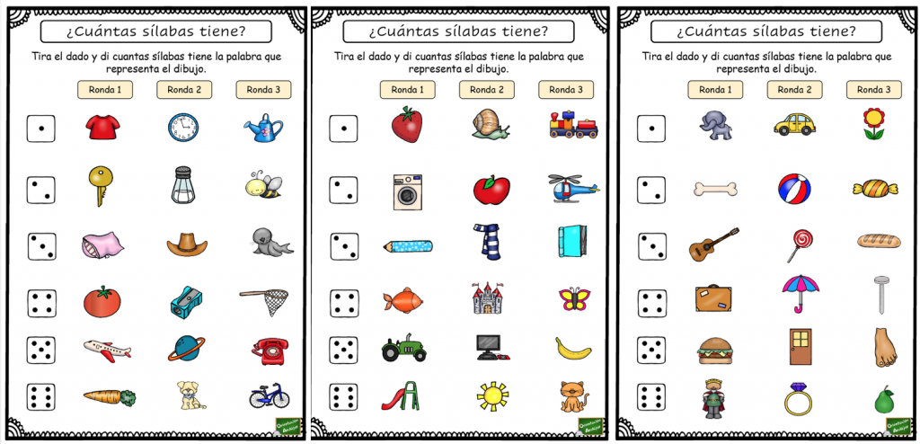 DESCARGA LOS TABLEROS EN PDF Conciencia fonológica Tira el dado y di cuantas sílabas tiene